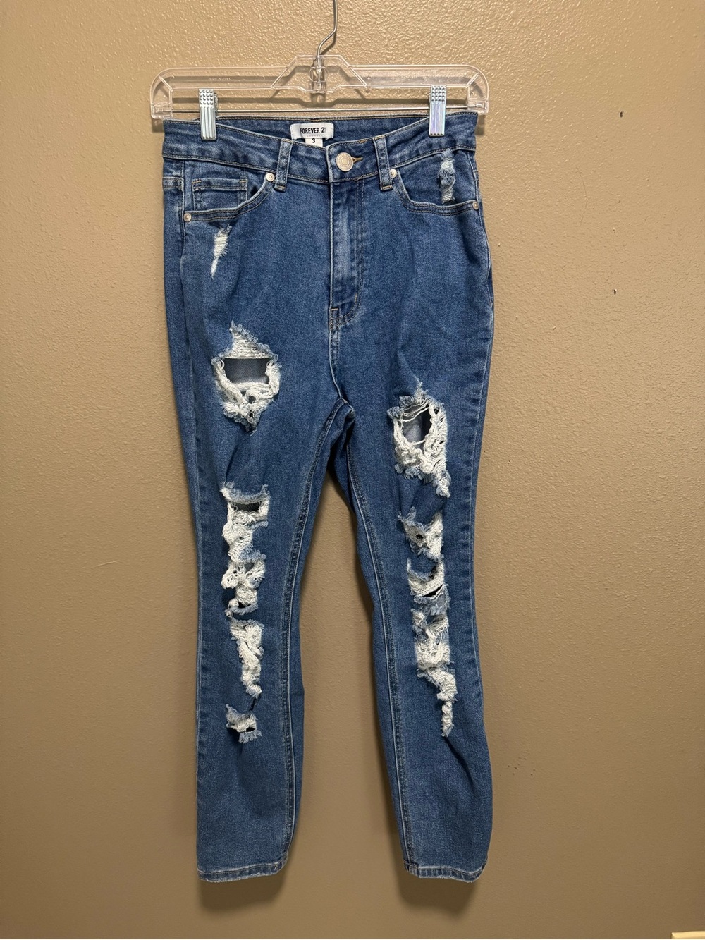 Forever 21 Distressed High-Rise Blue Ripped Jeans for Women